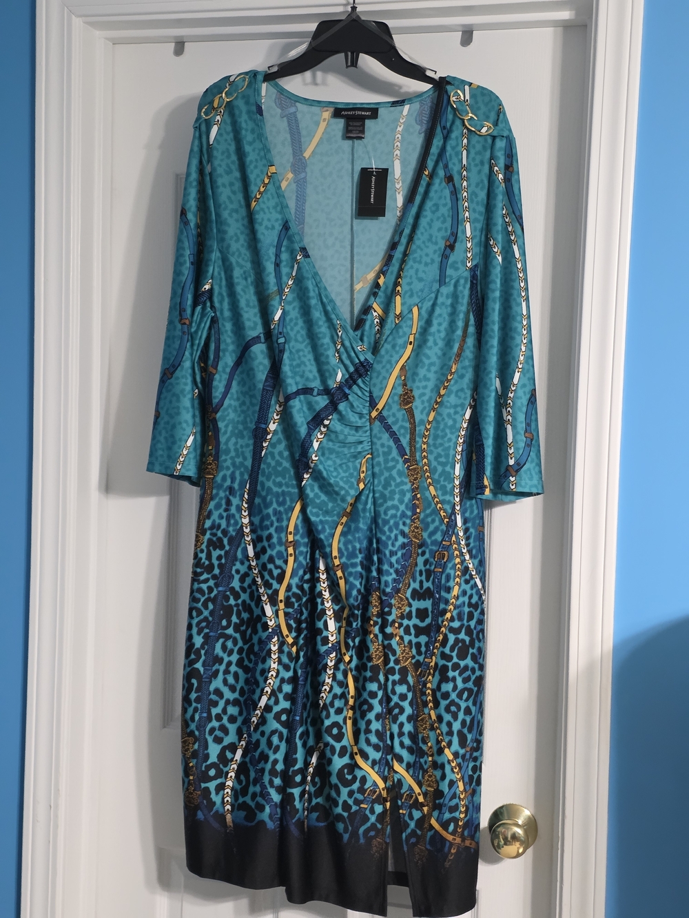 Ashley Stewart Teal and Gold Chain-Print Mid Sleeve Wrap Dress